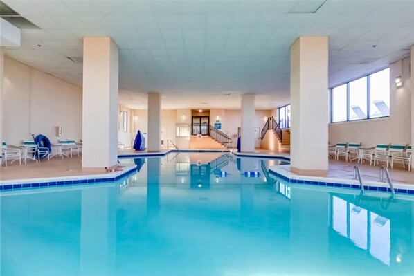 Indoor pool, a heated pool - Beachfront Retreat w/Direct Beach Views, Balcony, Pool, Hot Tub, WiFi & AC (Ocean City)