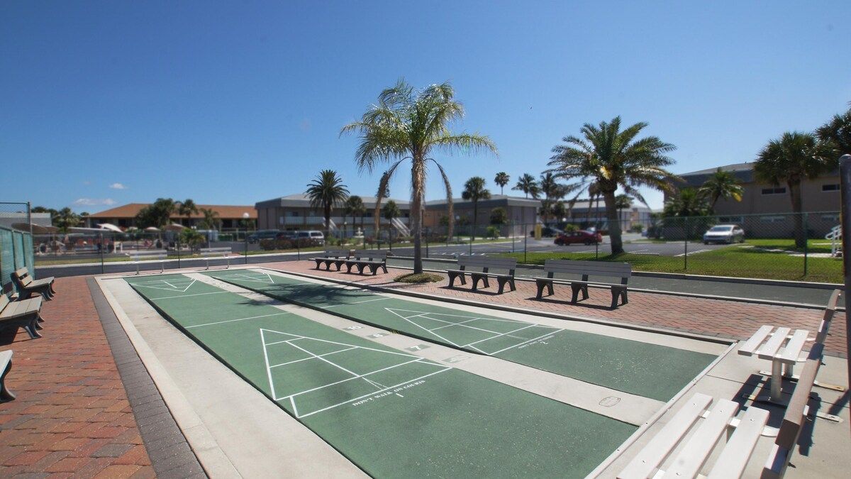 A shuffleboard court with benches and palm trees.