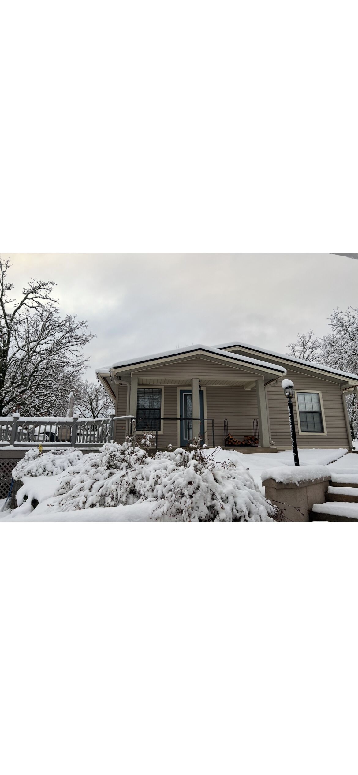A single-story house with a covered porch, a front yard with snow-covered bushes, and a street lamp.