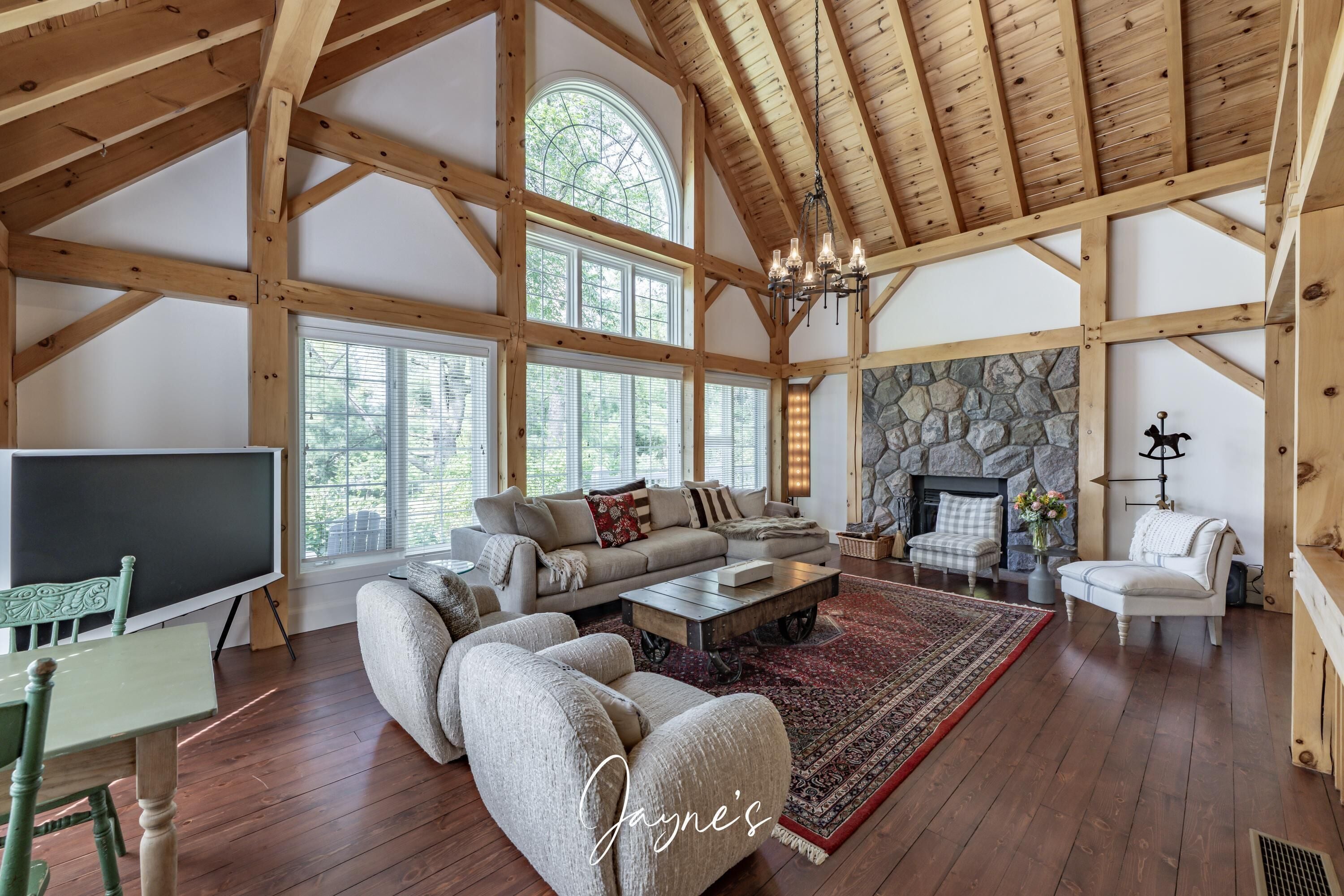 Smart TV, chimenea y libros 