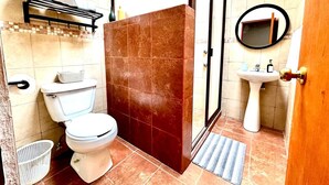 Un baño con inodoro, lavabo y zona de ducha.
