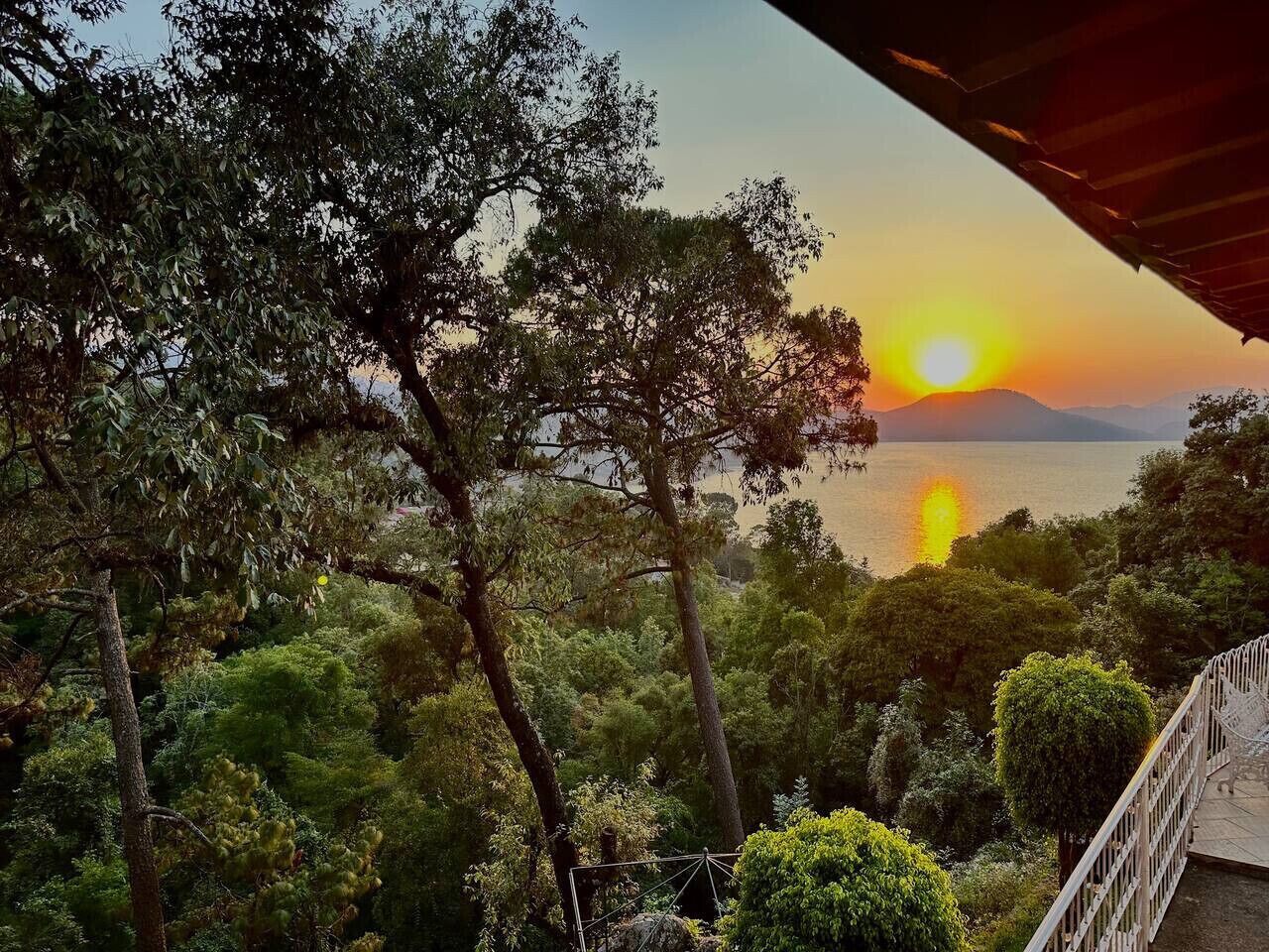 A view of a sunset over a body of water, surrounded by dense greenery and trees.