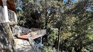 A stone staircase leading to a wooden deck with a railing, surrounded by dense trees. - Vista Rio Bosque Apartment, Heated Pool 6 (Valle de Bravo)