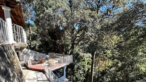 Un sendero de piedra que lleva a una terraza de madera con barandilla blanca, rodeada de árboles frondosos.
