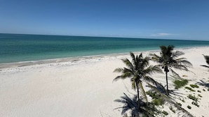 A beach with white sand and clear blue water. There are palm trees on the right side.