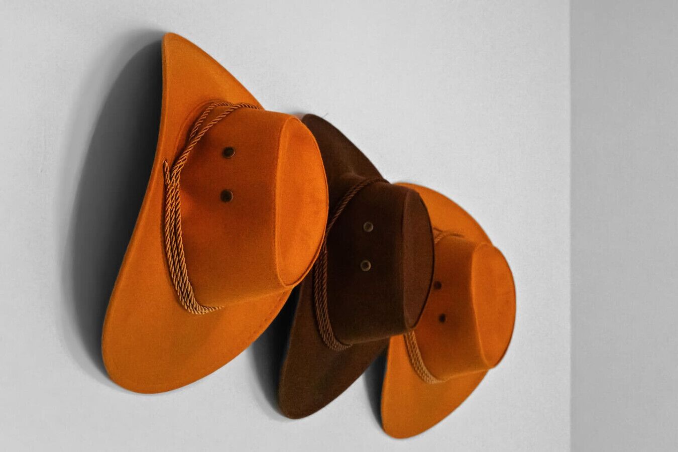 Three cowboy hats arranged on a plain surface.