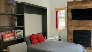 A bedroom with a bed, a sofa, a TV, a fireplace, and a ceiling fan.