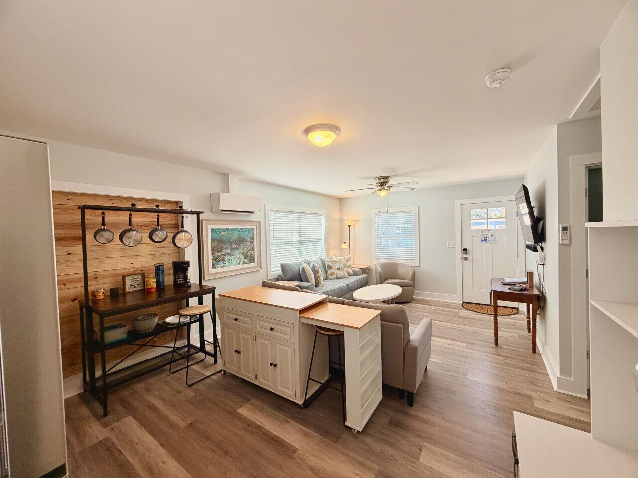 Kitchen island and kitchen storage. Modular units can be moved to your liking while cooking and dining.