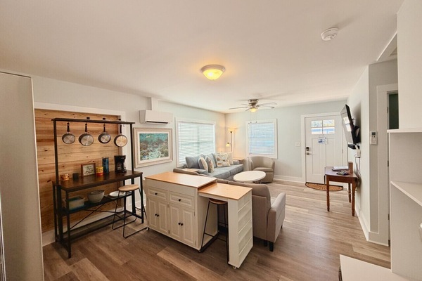 Kitchen island and kitchen storage. Modular units can be moved to your liking while cooking and dining.