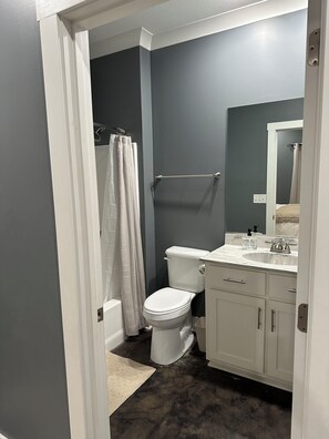Hair dryer, towels, soap, toilet paper