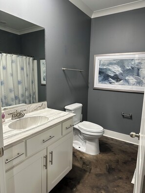 Hair dryer, towels, soap, toilet paper