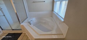 Hair dryer, towels, soap, shampoo