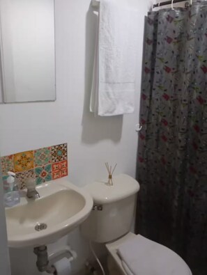 Shower, towels, soap, toilet paper