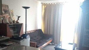 A living room with a sofa, a coffee table, and a dining area with a table and chairs. - Alojamientos On Santiago (Santiago)