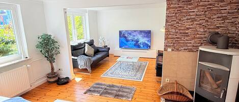 Una televisión, una chimenea