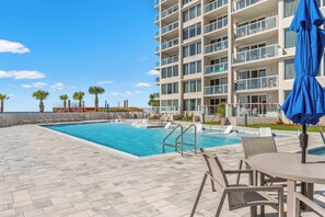 Outdoor pool, pool umbrellas, pool loungers