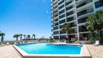 Outdoor pool, pool umbrellas, pool loungers