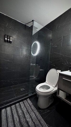 Shower, hair dryer, towels, soap