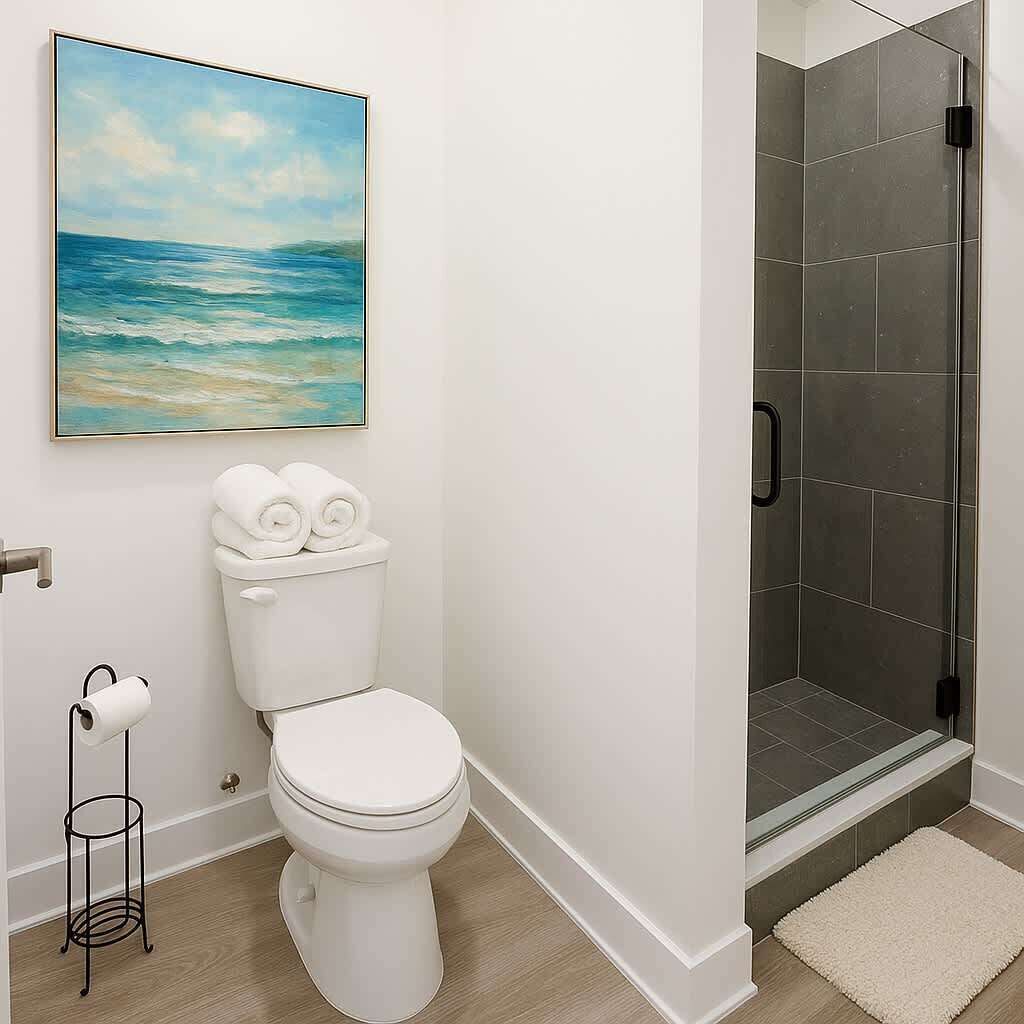 Shower, hair dryer, shampoo