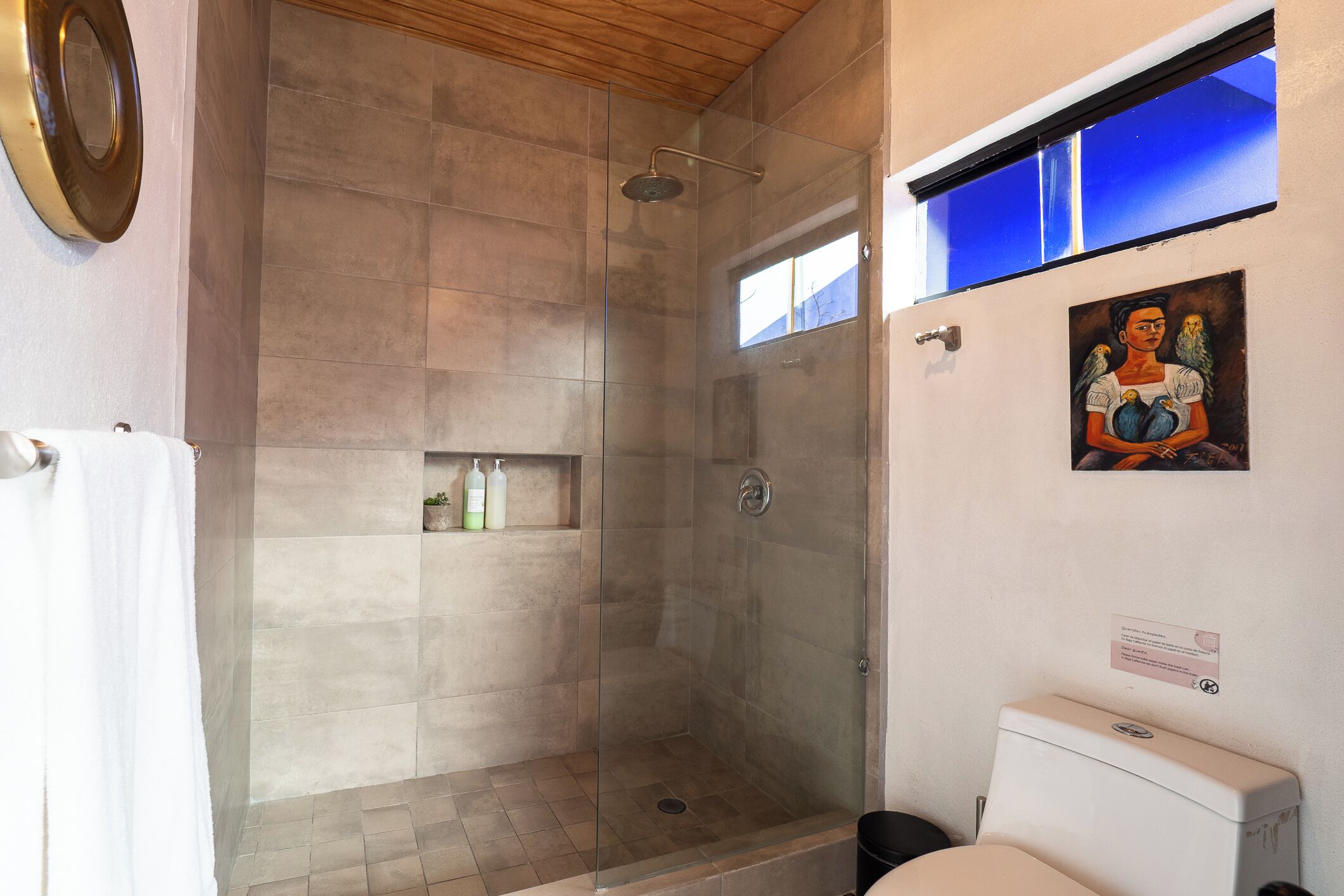 A shower with a glass door, a toilet, and a shelf with toiletries.