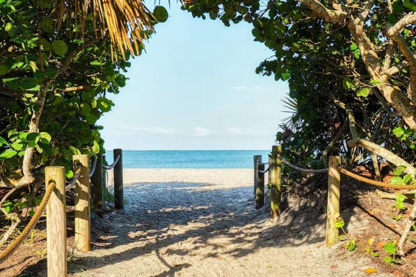 A sandy beach path leading to the ocean, surrounded by wooden posts and foliage.