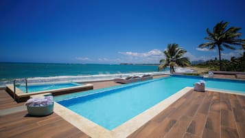 Outdoor pool, pool umbrellas, pool loungers