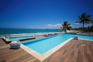 Outdoor pool, pool umbrellas, pool loungers