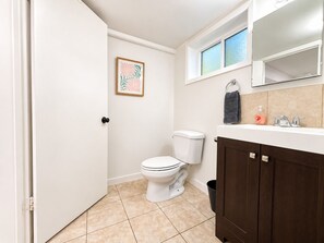 Hair dryer, towels, shampoo, toilet paper