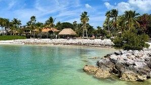 Ett semesterparadis vid stranden med en byggnad som har ett tak av halmtak, palmer och en klippig kustlinje.