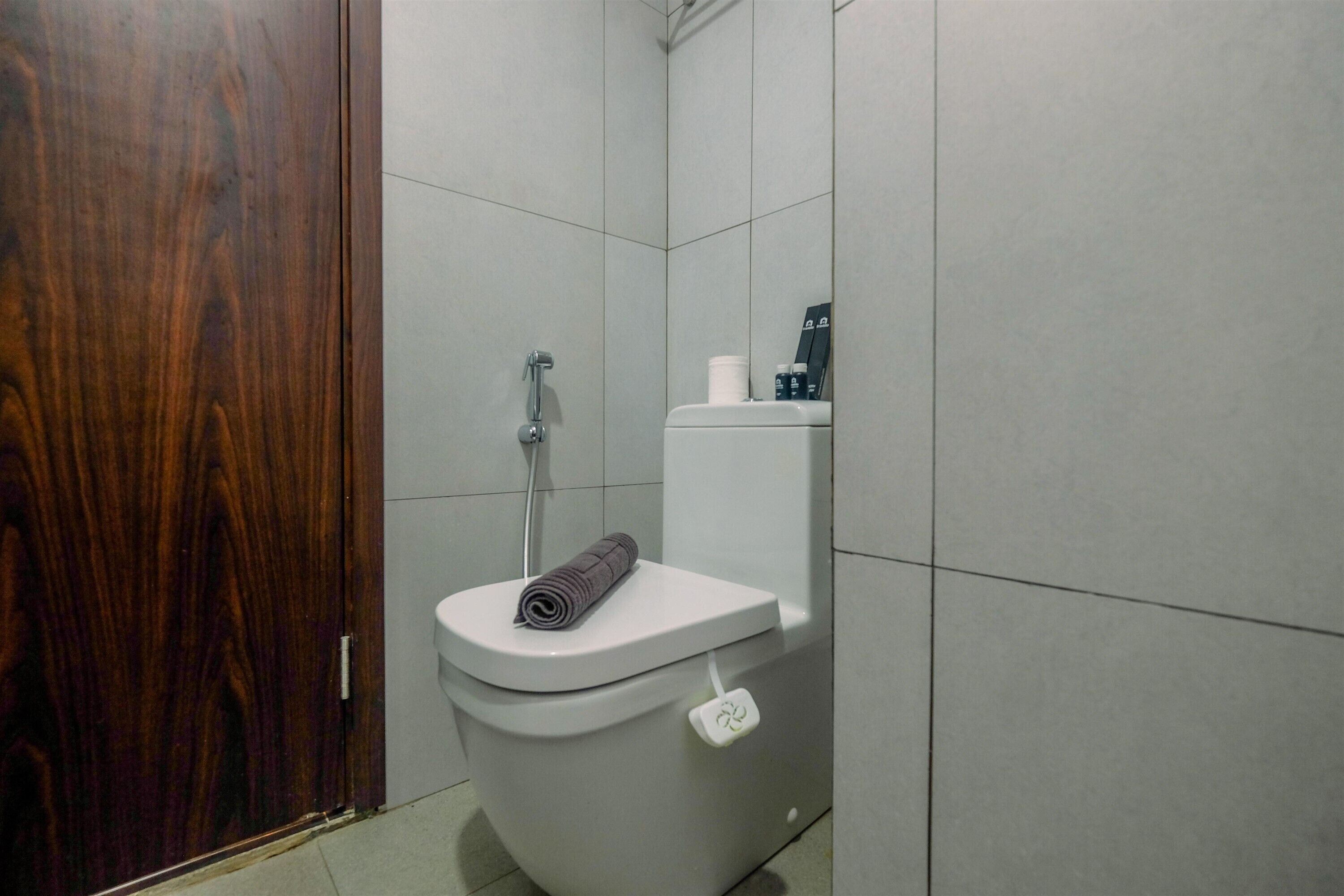 A bathroom with a toilet, a shower, and a wooden door.