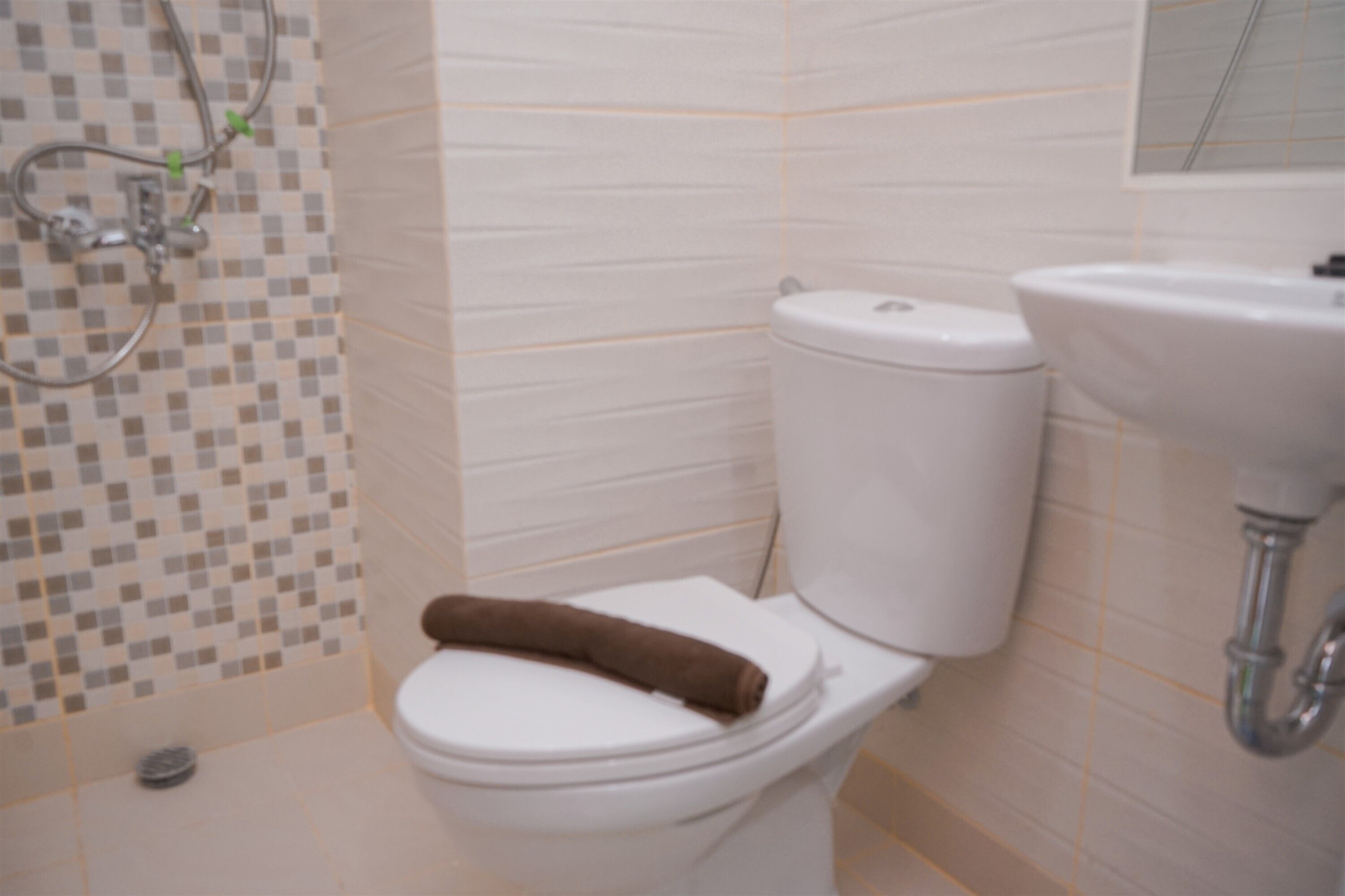 A bathroom with a toilet, a sink, and a shower.
