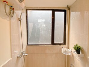 Une salle de bain avec une fenêtre, une douche et une petite étagère sur laquelle est posée une plante.