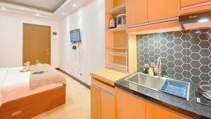 Une chambre d’hôtel moderne équipée d’un lit, d’une petite kitchenette avec un évier et d’un téléviseur fixé au mur.