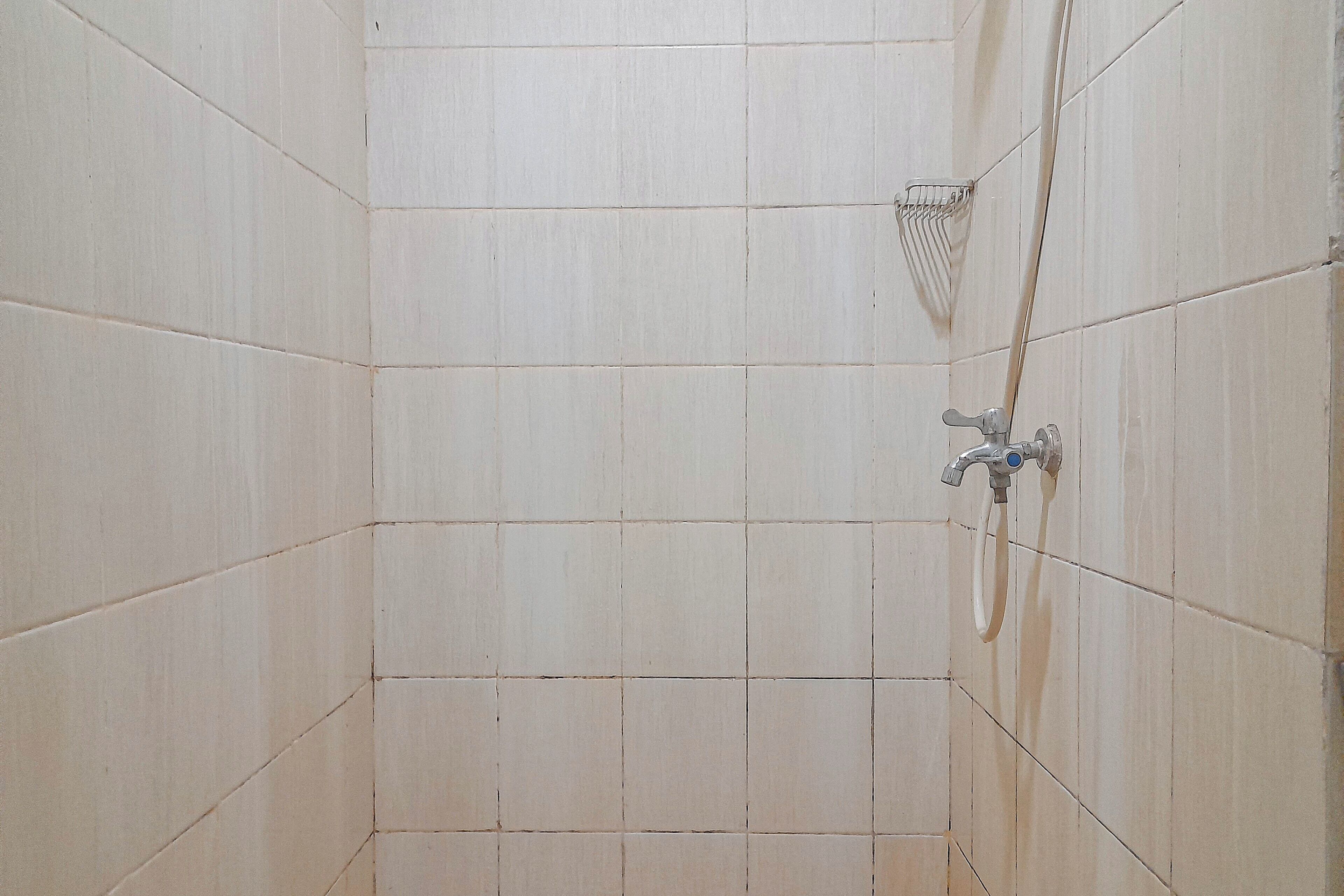 A tiled shower area with a handheld showerhead and a showerhead mounted on the wall.