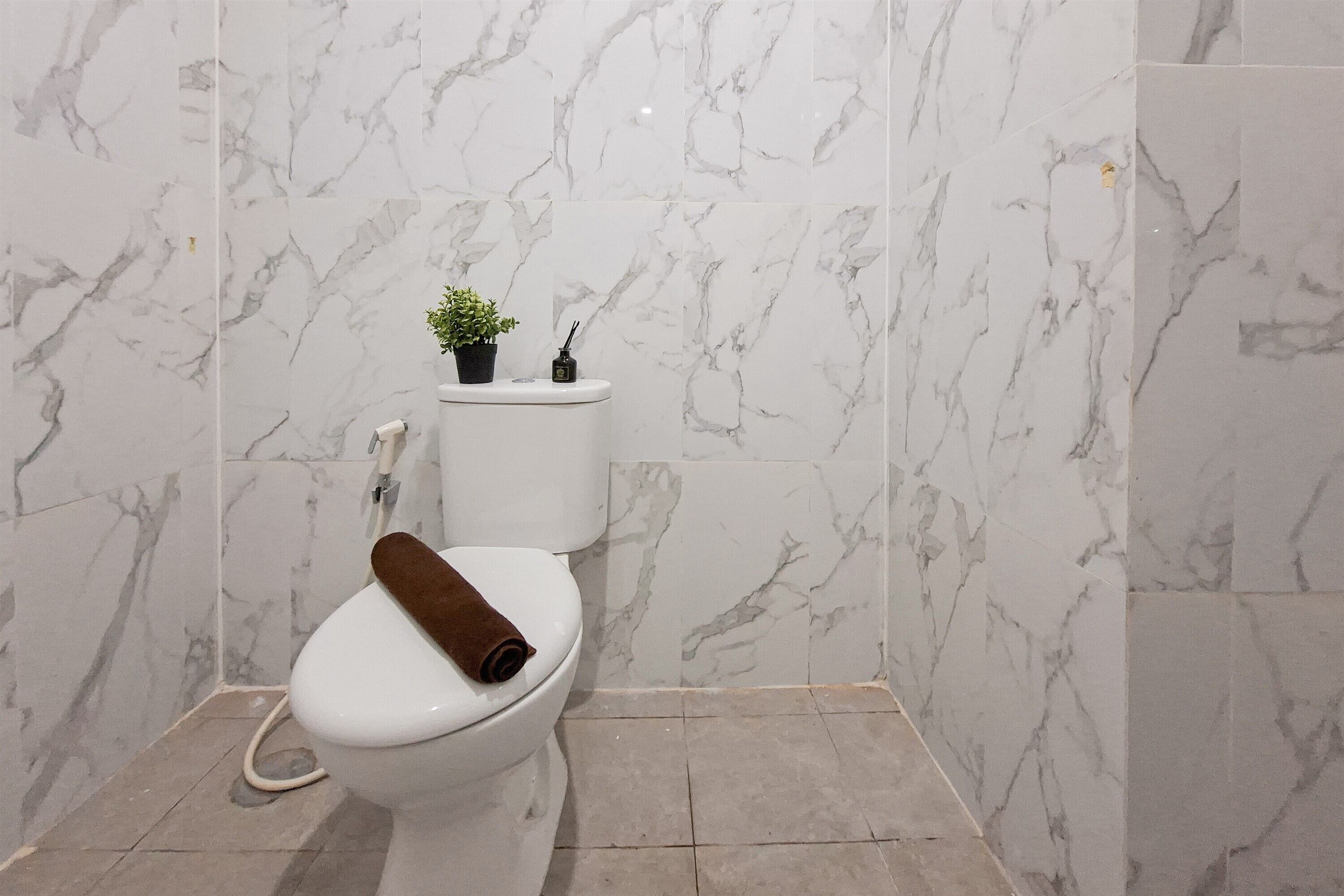 A bathroom with a toilet, a small potted plant, and a toilet brush on the wall.
