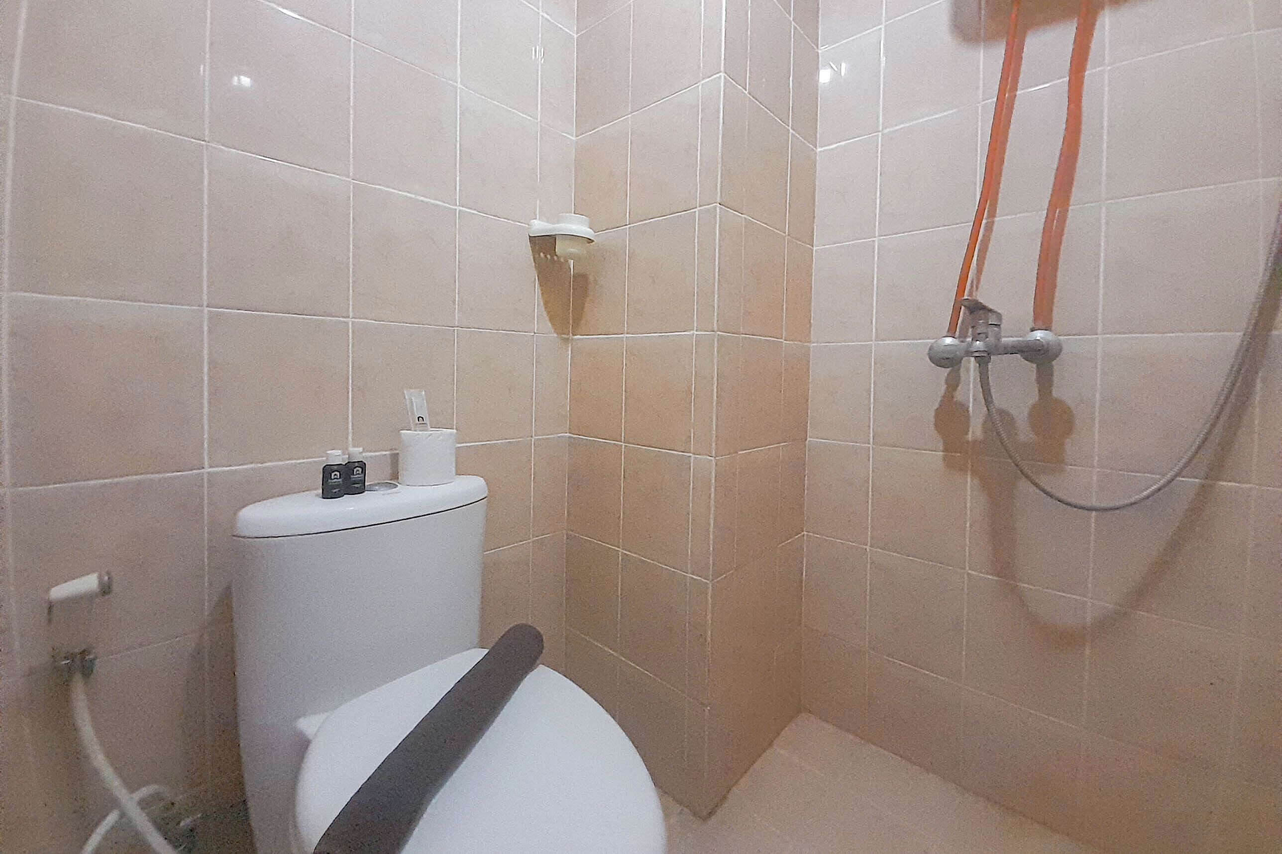 A small bathroom with a toilet, a shower, and a wall-mounted toilet paper holder.