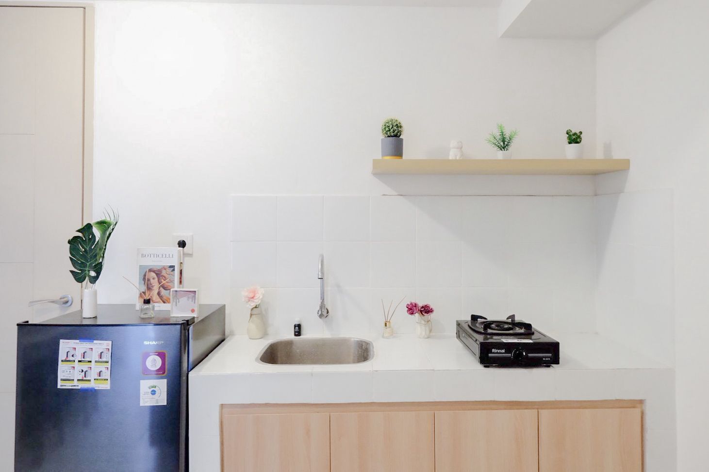 Una cucina moderna con lavello in acciaio inox, mobili in legno, frigorifero nero e uno scaffale con piccole piante.
