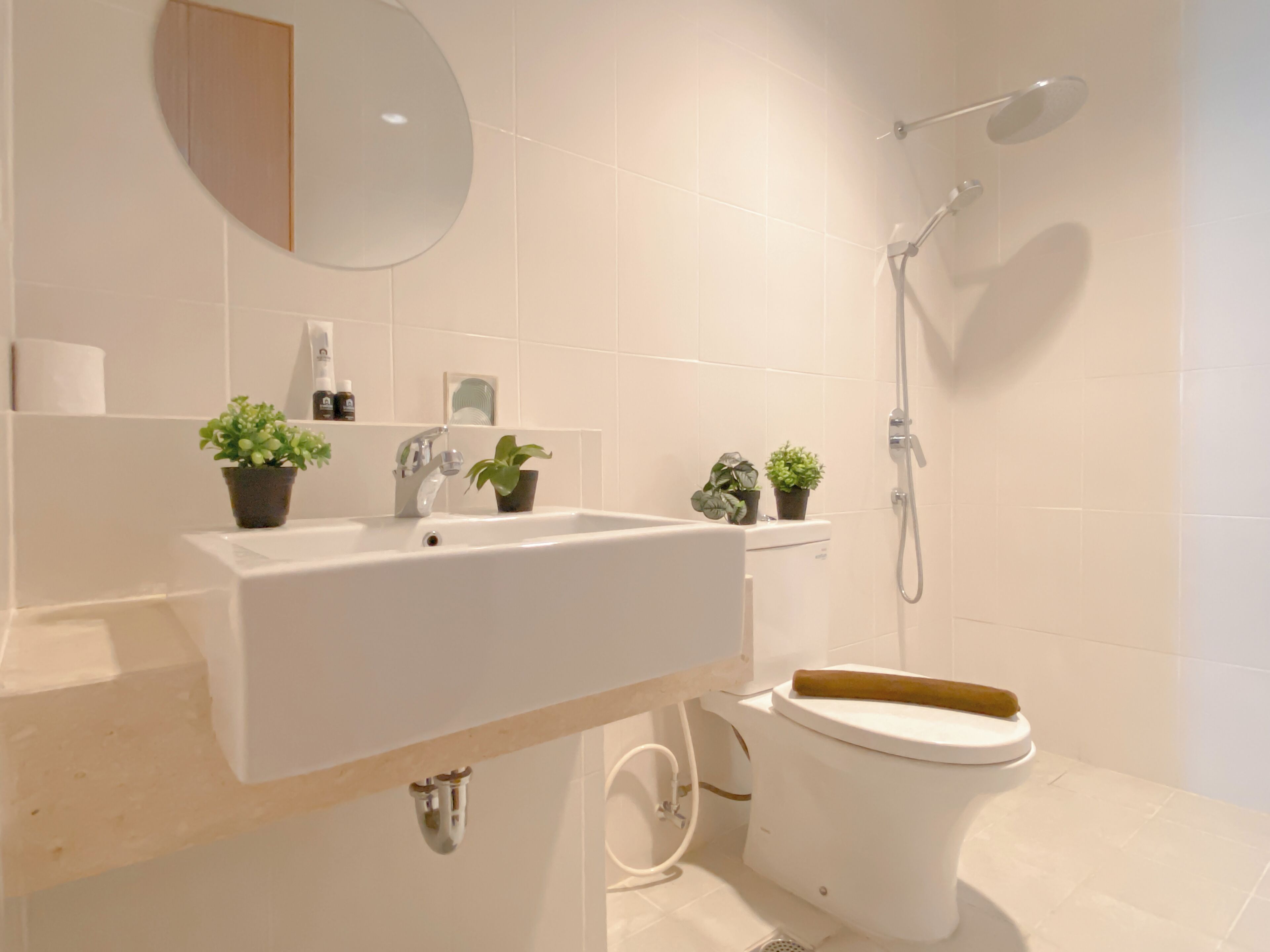 A modern bathroom with a white sink, two potted plants, a toilet, and a shower.