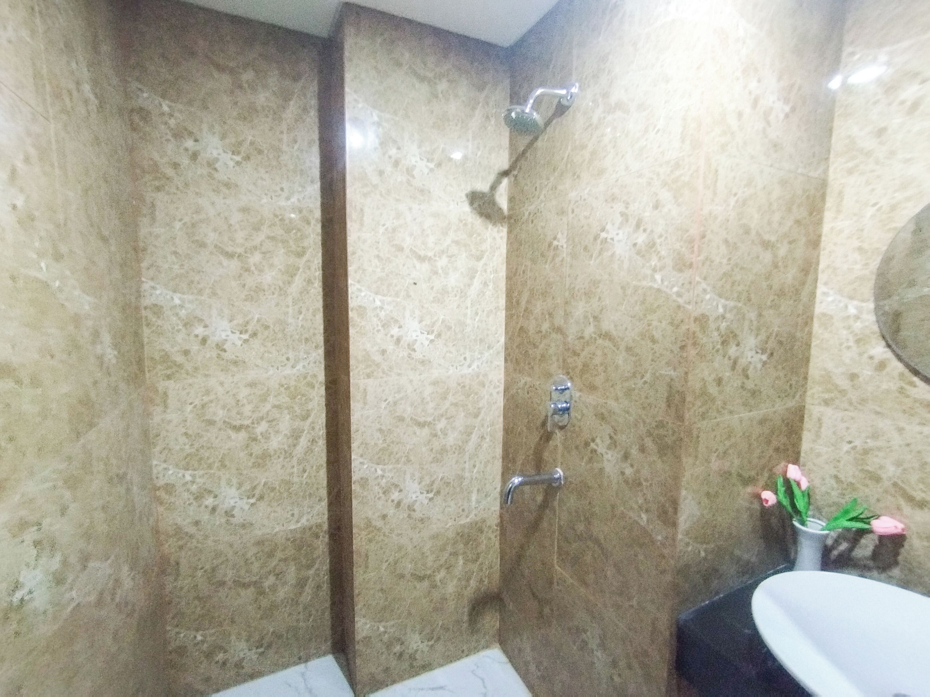 A bathroom with a shower, a sink, and a vase with flowers.