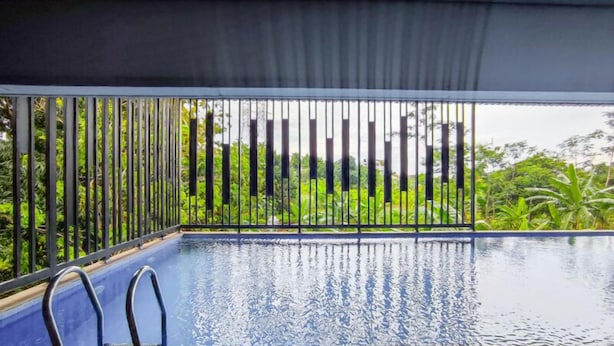 Une piscine entourée d’une luxuriante végétation et dotée d’une barrière en métal.