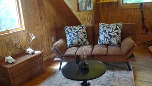 Een gezellig chaletinterieur met een bruine leren bank, gestreepte kussens, een gevlochten mand met gewei en een tafellamp.