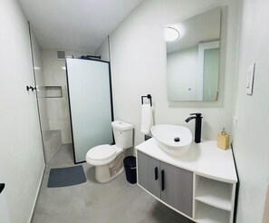Hair dryer, towels, soap, shampoo
