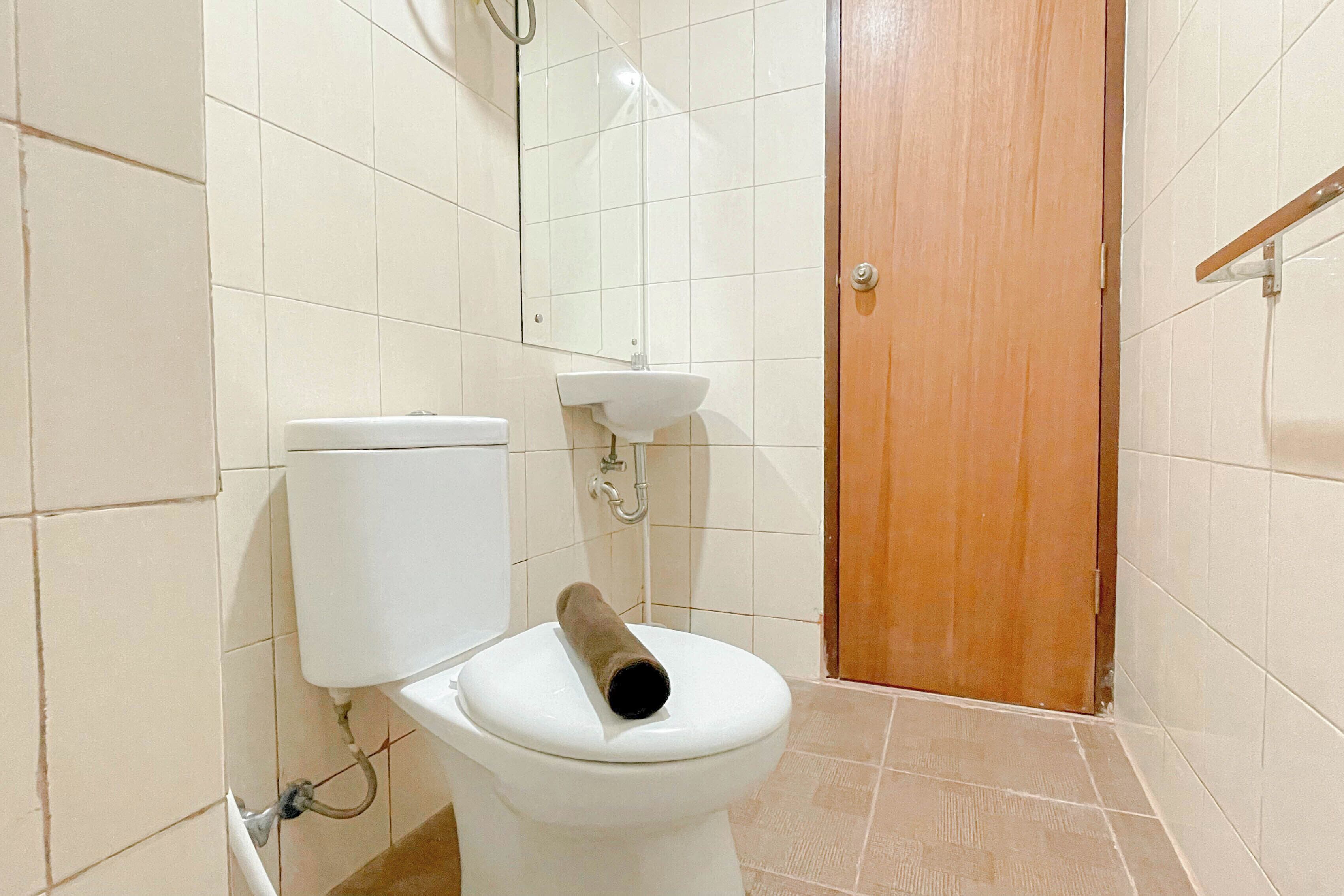 A bathroom with a toilet, sink, and wooden door.