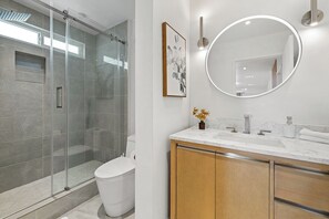 Hair dryer, towels, soap, shampoo