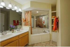 Shower, jetted bath, hair dryer, towels