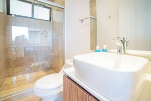 Hair dryer, towels, soap, toilet paper