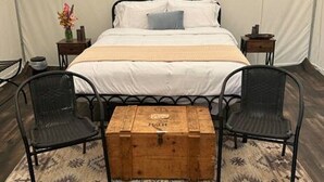 A tented room with a bed, two chairs, a wooden chest, and a window. - Lover’s Lookout is a treetop retreat  / perfect for a romantic escape. (Waynesville)