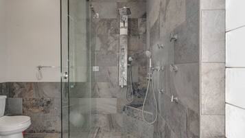Hair dryer, towels, soap, toilet paper