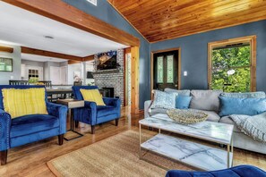 TV, fireplace, books