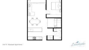 Een plattegrond van een appartement in Bluewater Apartments, met een woonkamer, eetgedeelte, keuken, twee slaapkamers en een badkamer.